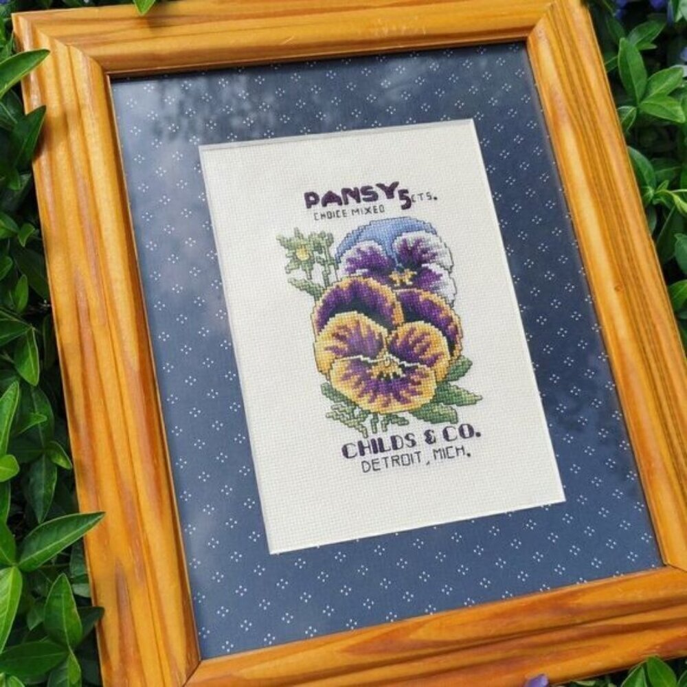 Vintage Framed Pansy Seeds Cross Stitch Art, Flowers Floral Matted Gardener Art